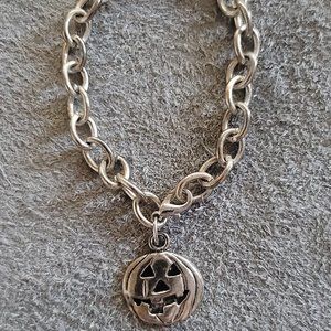 Silver Tone Chain Link Bracelet with Pumpkin Pendant - Halloween, Jewelry